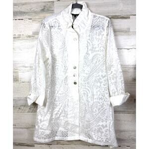 John Mark Women’s L White Sheer Ruffle Collar Button Up Blouse Top NWT